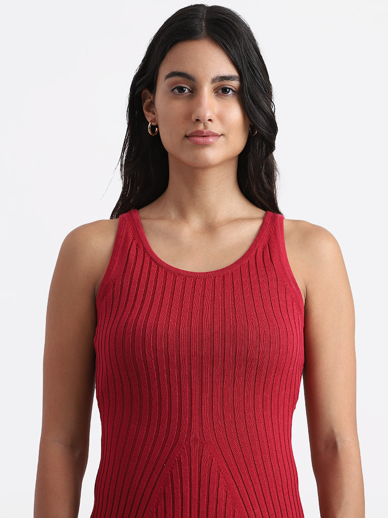 Nuon Cherry Red Self Striped Bodycon Dress
