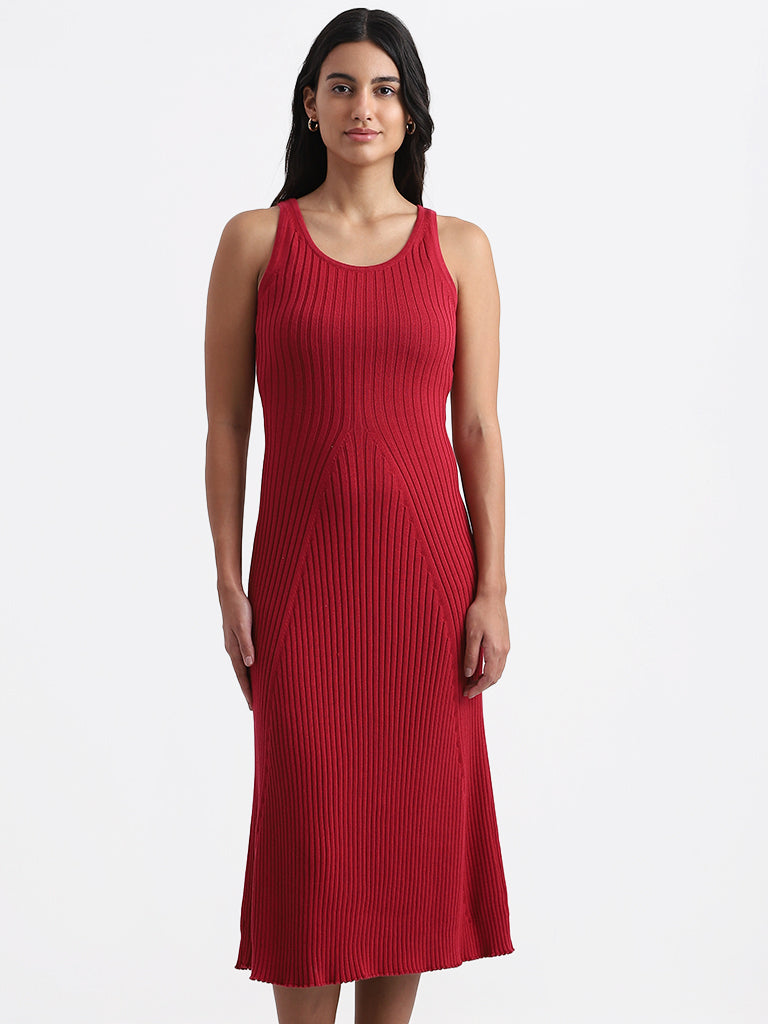 Nuon Cherry Red Self Striped Bodycon Dress