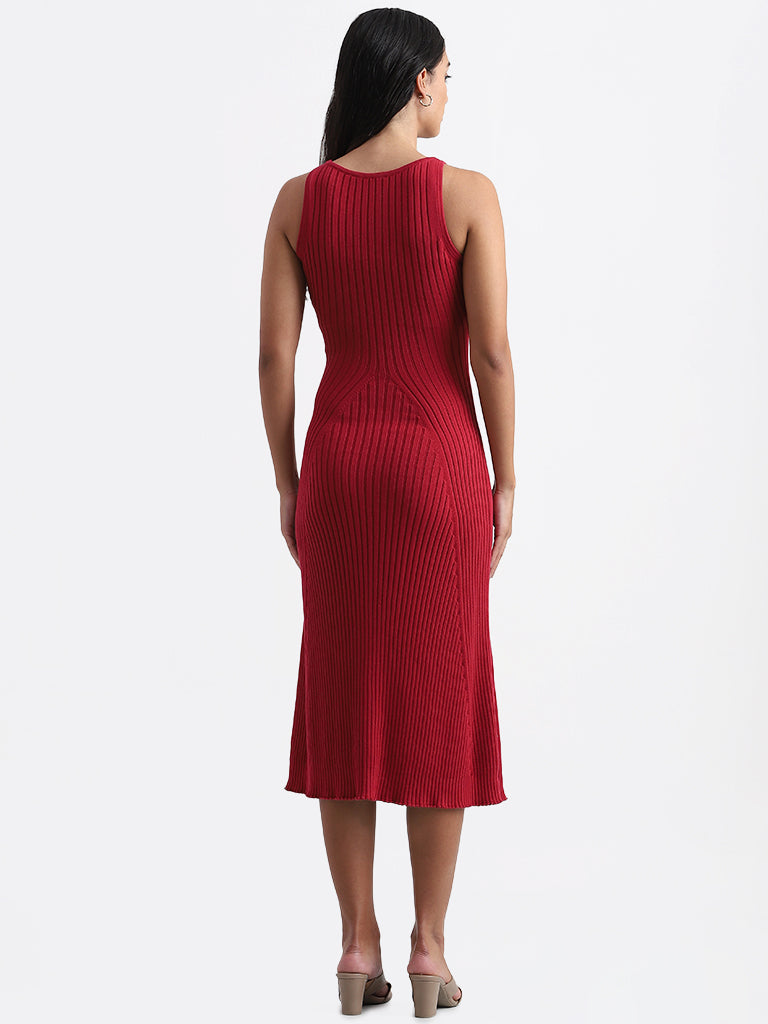 Nuon Cherry Red Self Striped Bodycon Dress