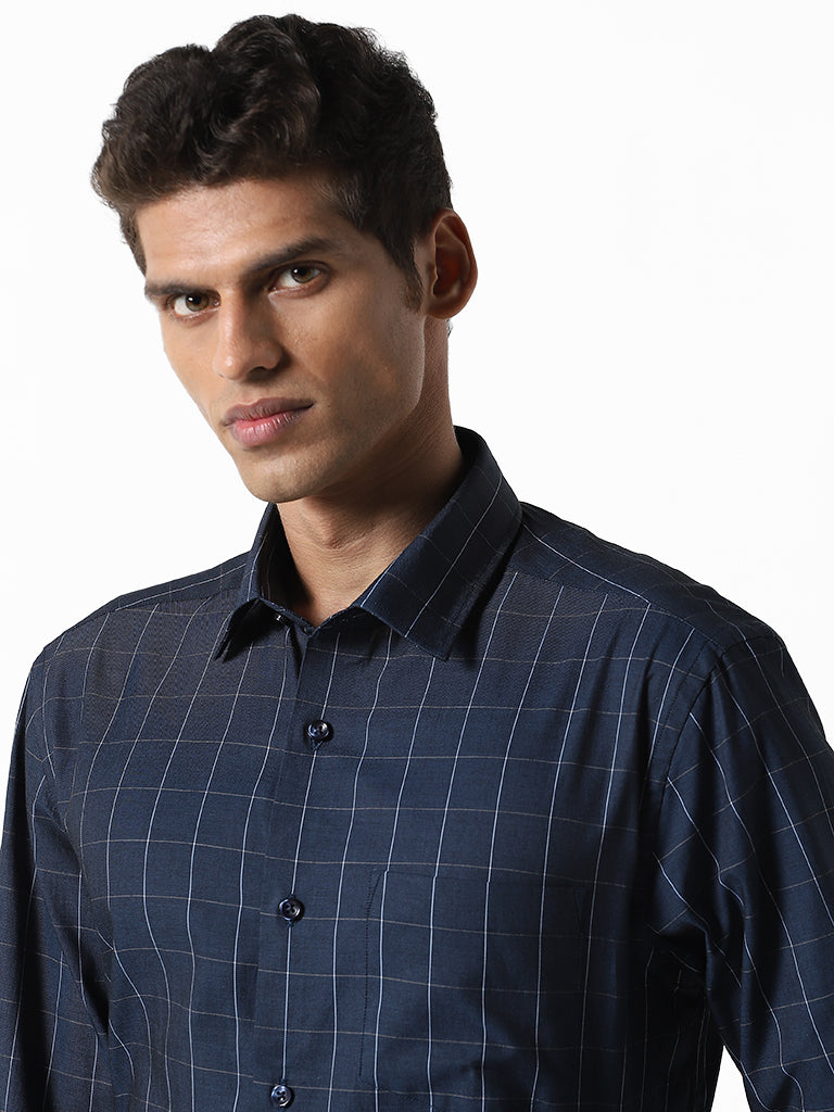 WES Formals Checked Blue Relaxed Fit Shirt