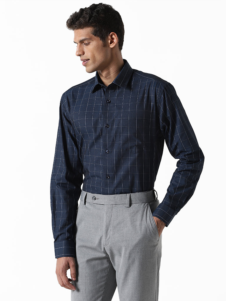 WES Formals Checked Blue Relaxed Fit Shirt