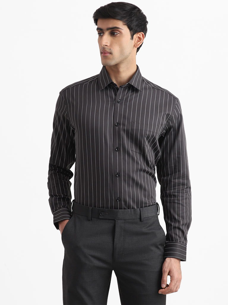 WES Formals Black Striped Relaxed Fit Shirt