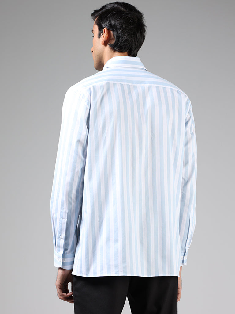 WES Formals Powder Blue & White Striped Cotton Relaxed Fit Shirt