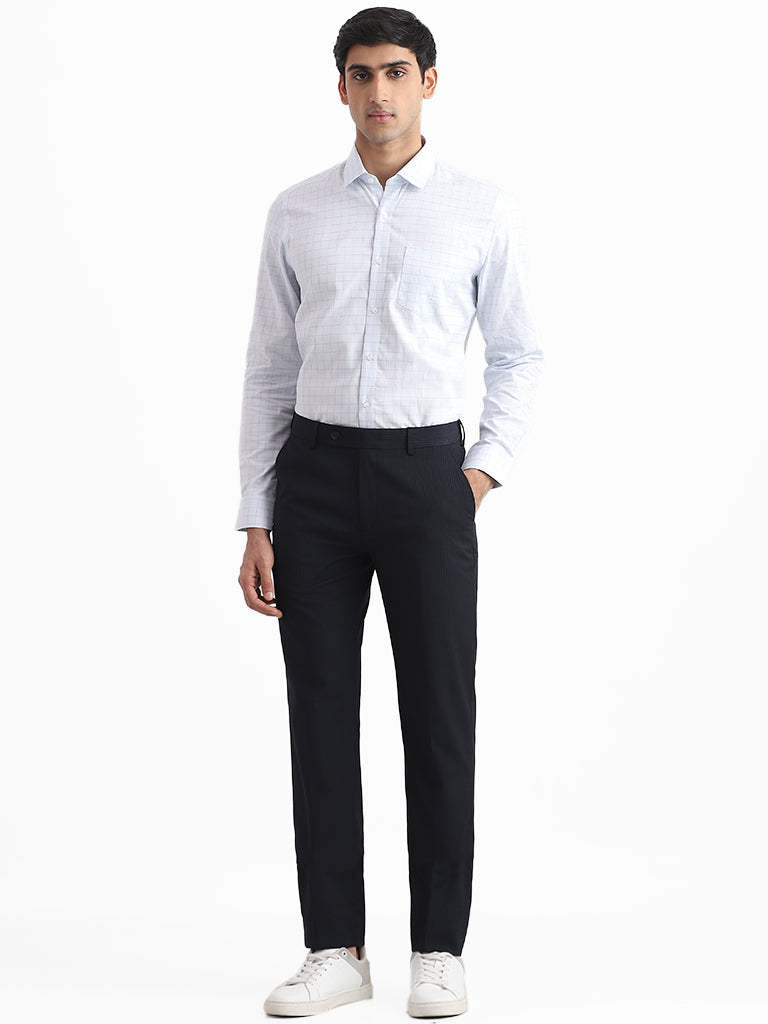 WES Formals Checked Slim Fit Blue Shirt