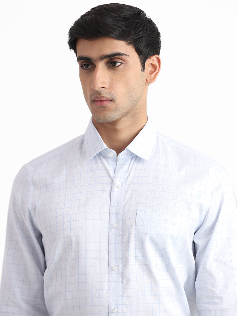 WES Formals Checked Slim Fit Blue Shirt