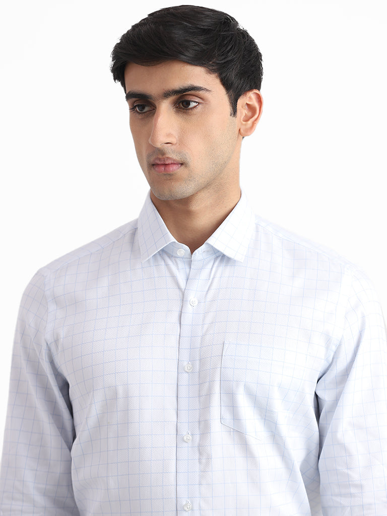 WES Formals Checked Slim Fit Blue Cotton Shirt