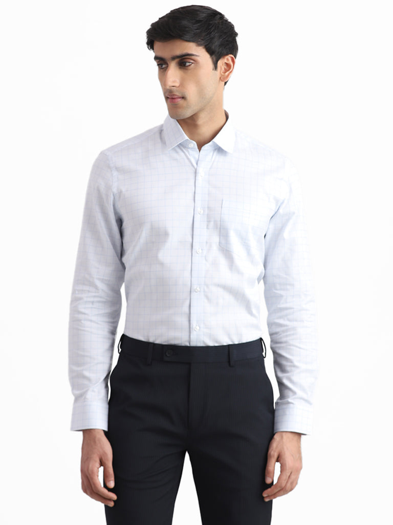 WES Formals Checked Slim Fit Blue Shirt