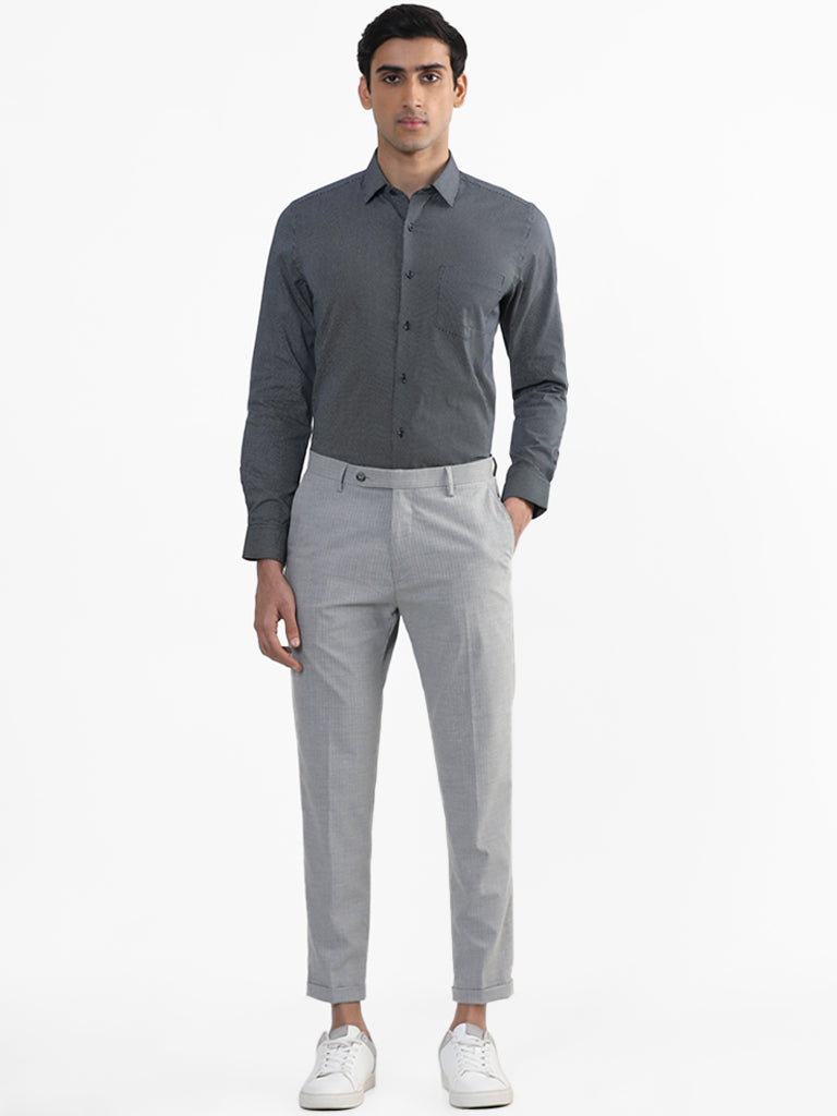 WES Formals Navy Blue Printed Slim Fit Shirt