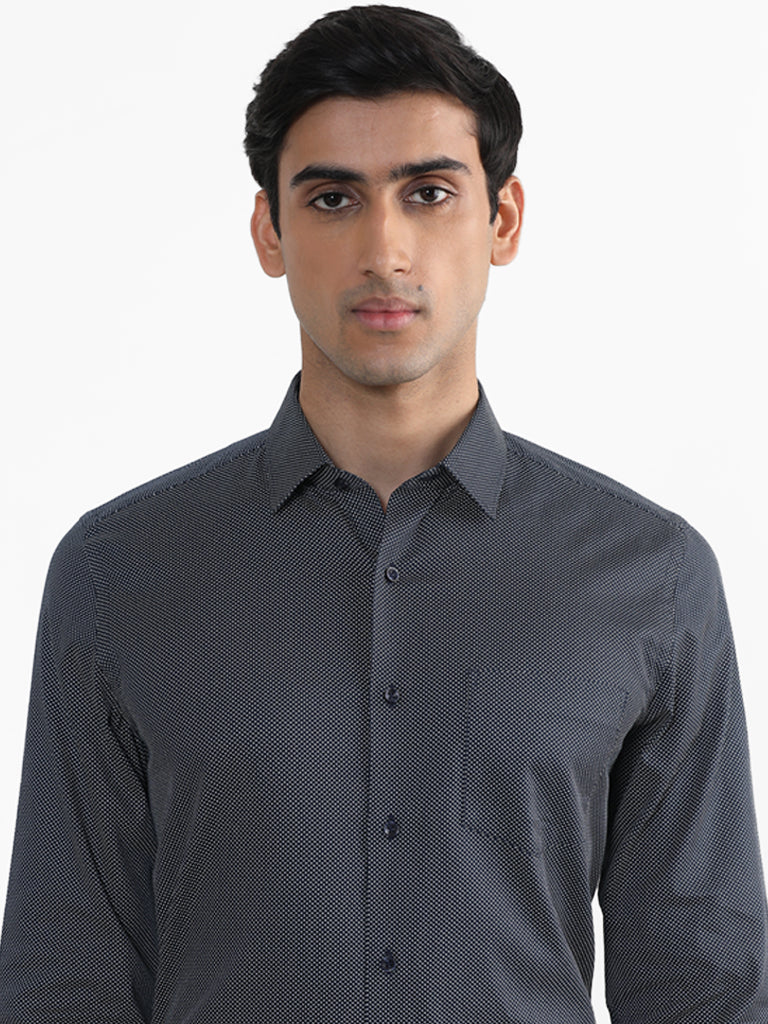WES Formals Navy Blue Printed Slim Fit Shirt