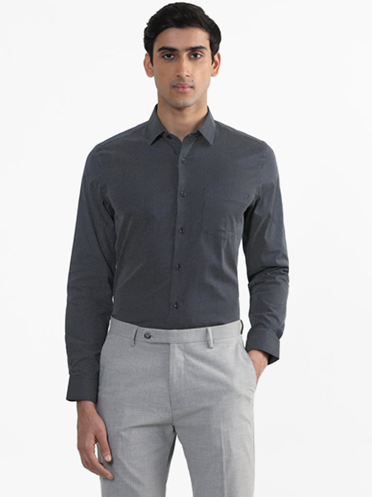 WES Formals Navy Blue Printed Slim Fit Shirt