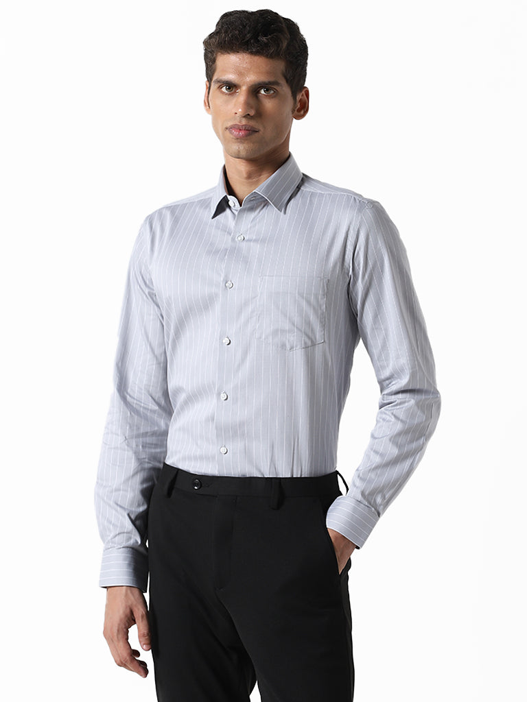WES Formals Striped Grey Slim Fit Shirt