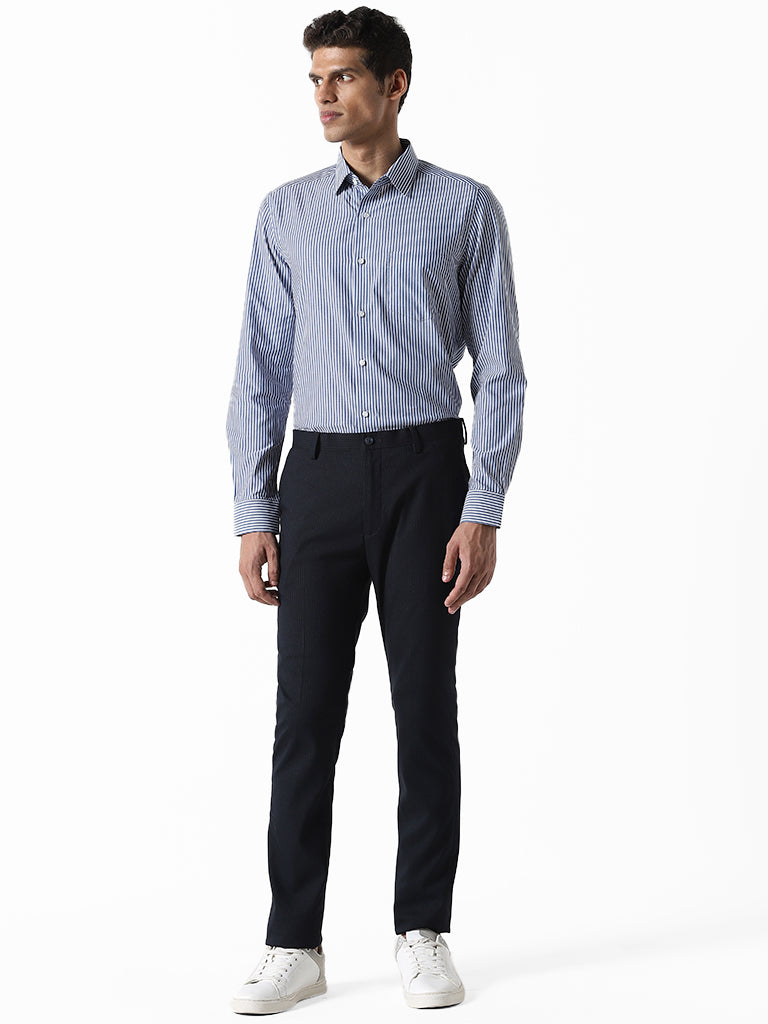 WES Formals Striped Navy Blue Slim Fit Shirt