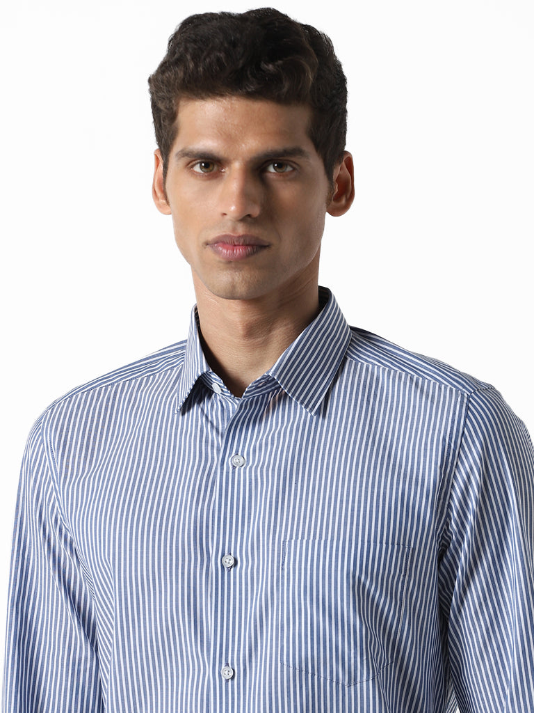 WES Formals Striped Navy Blue Slim Fit Shirt
