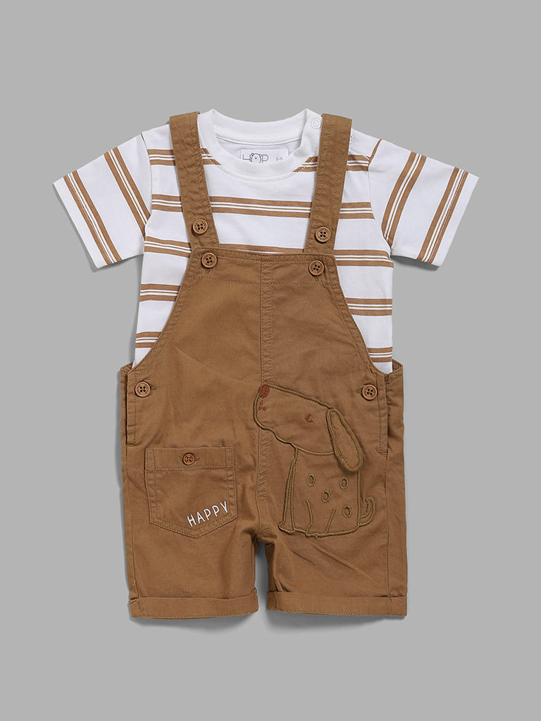 HOP Baby Tan Striped T-Shirt & Dog Printed Dungaree Shorts Set