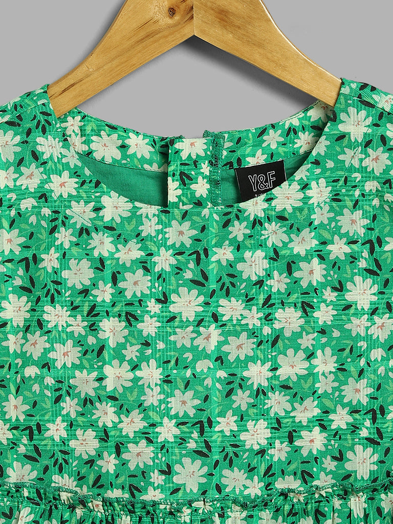 Y&F Kids Green Floral Printed Tiered Dress