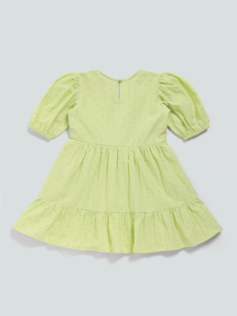 HOP Kids Cut Work Embroidered Lime Green Dress