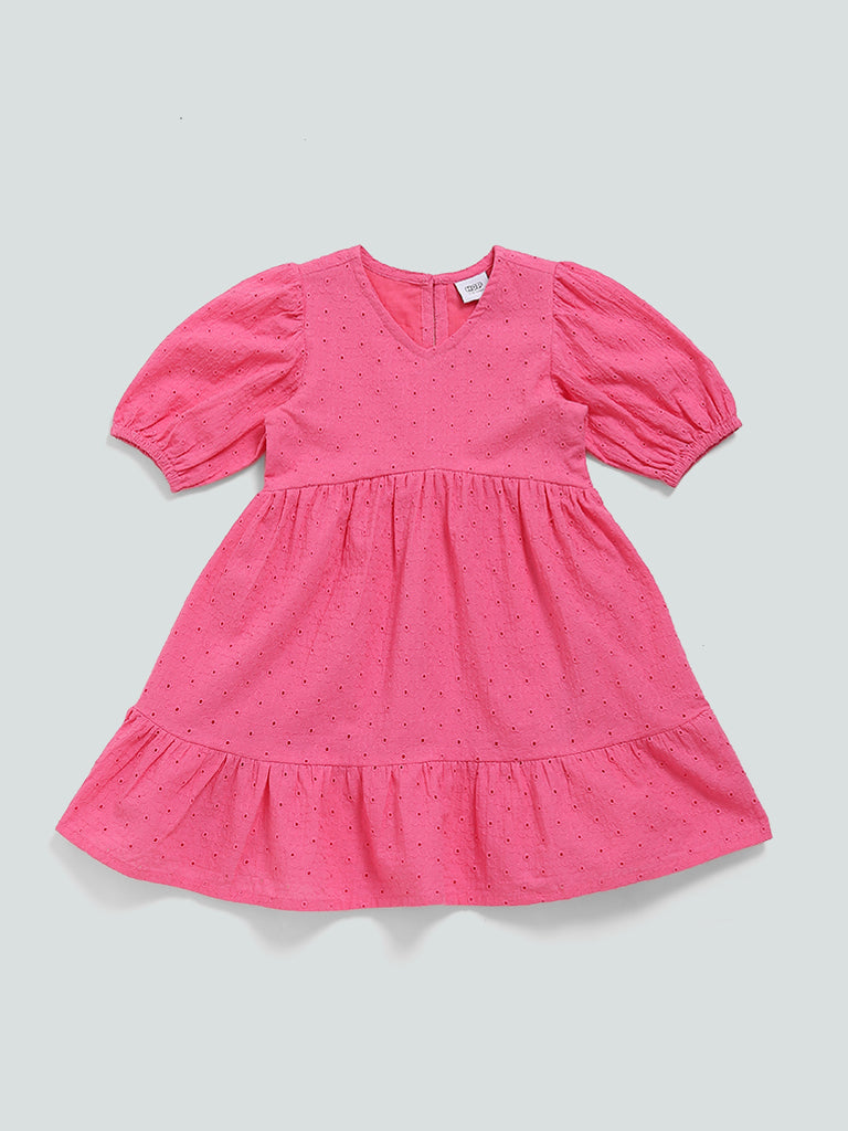 HOP Kids Hot Pink Embroidered Shifu Dress