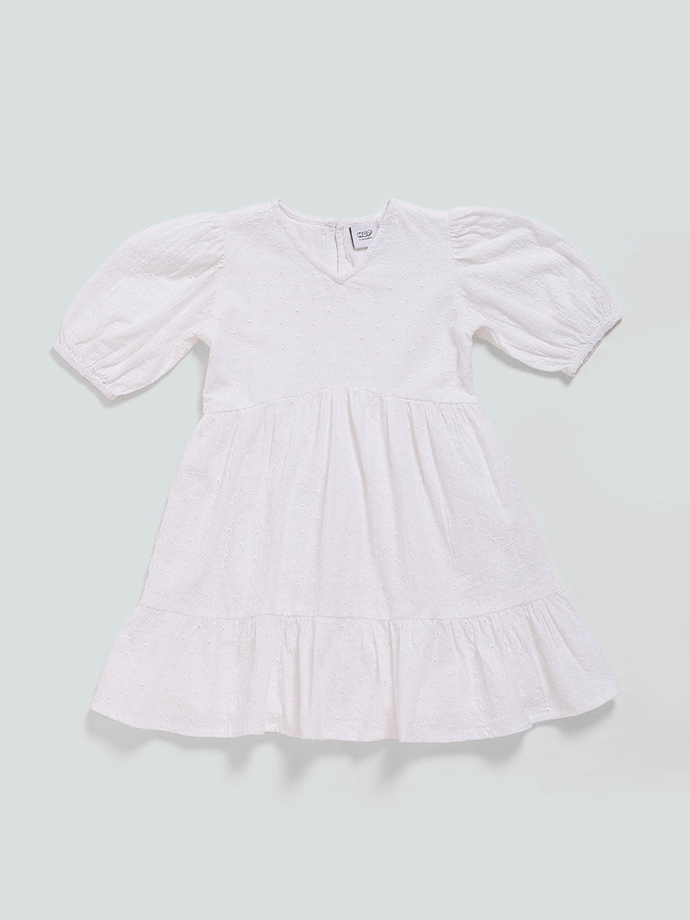 HOP Kids White Embroidered Shifu Dress