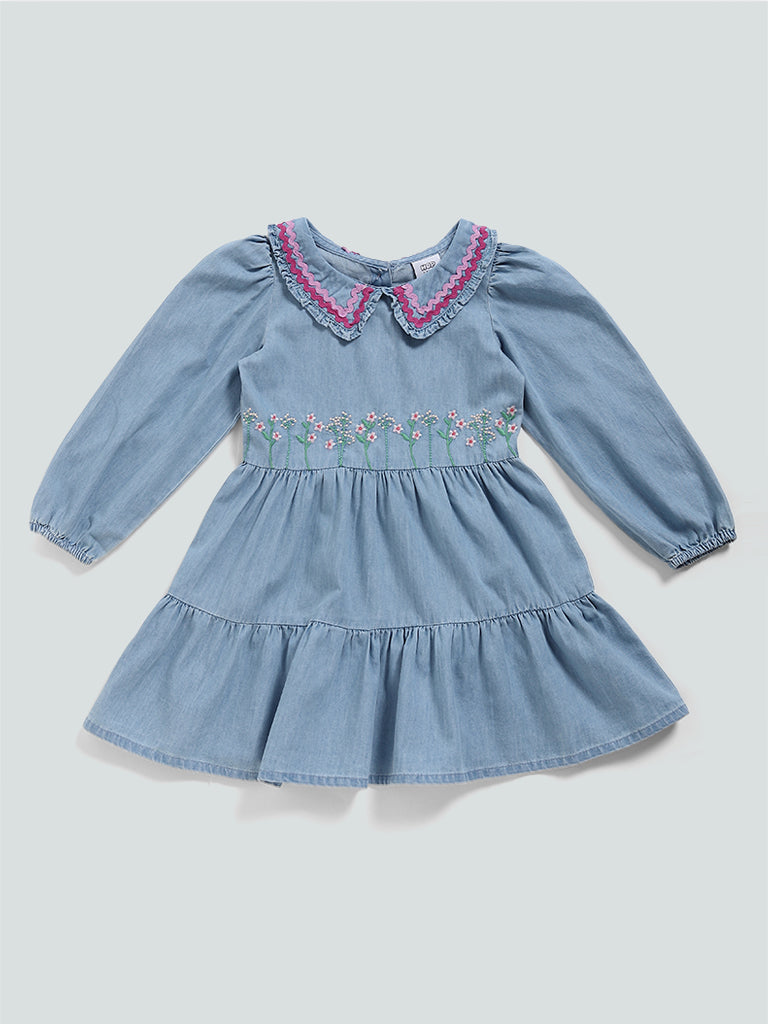 HOP Kids Blue Light Wash Floral Embroidered Tiered Dress