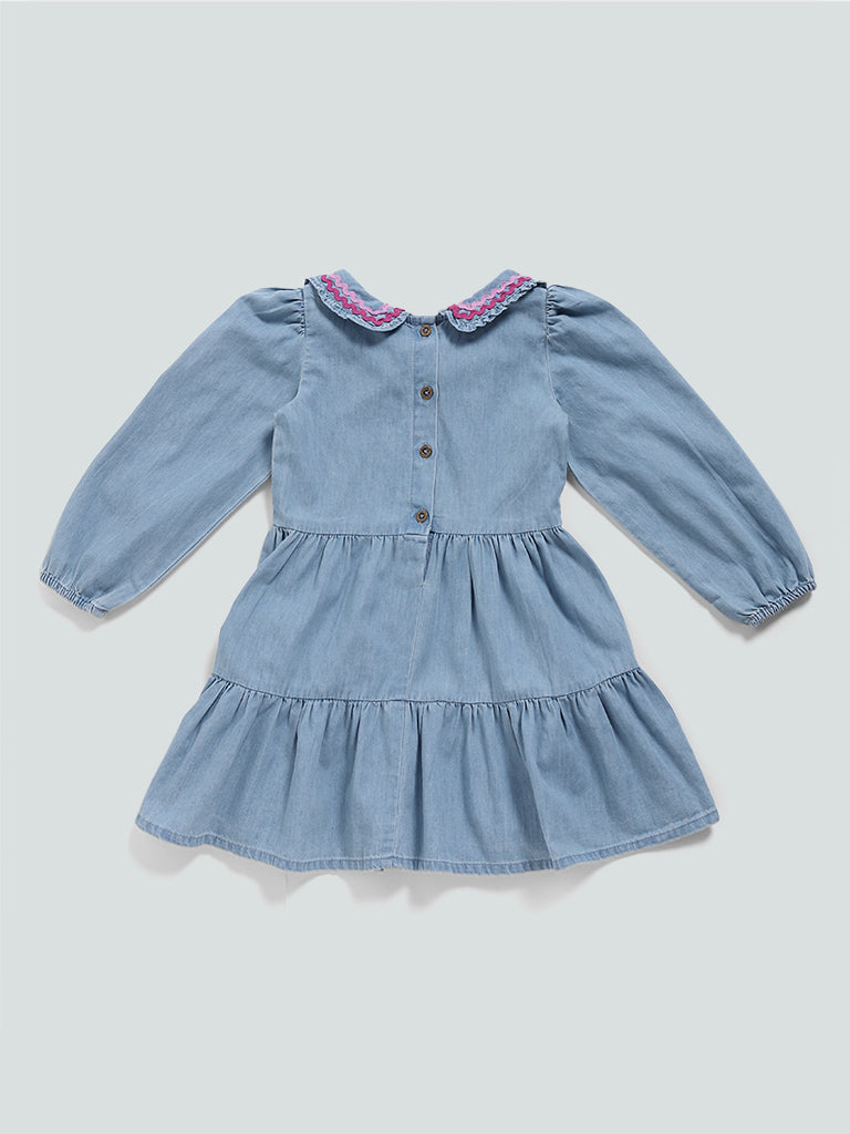 HOP Kids Blue Light Wash Floral Embroidered Tiered Dress