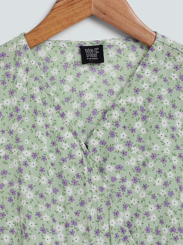 Y&F Kids Floral Printed Green Dress