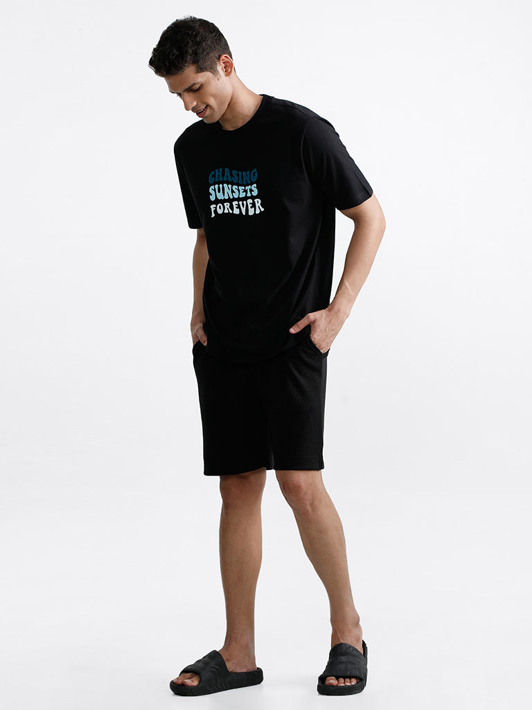 WES Lounge Printed Black Relaxed Fit T-Shirt