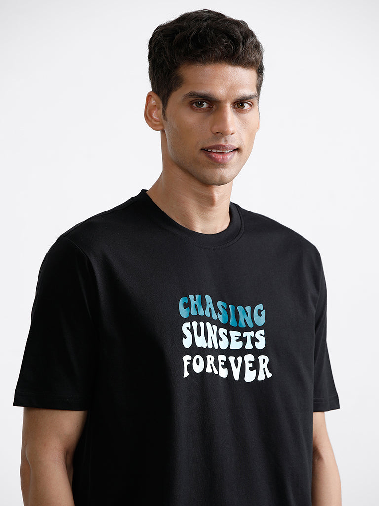 WES Lounge Printed Black Relaxed Fit T-Shirt
