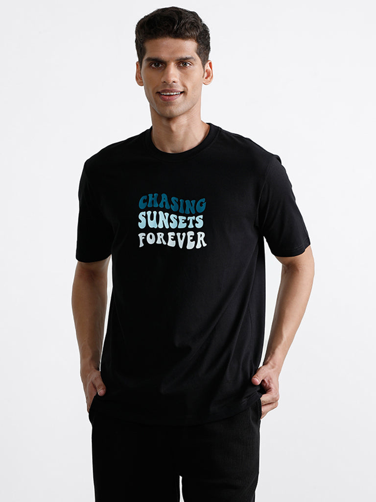 WES Lounge Printed Black Relaxed Fit T-Shirt