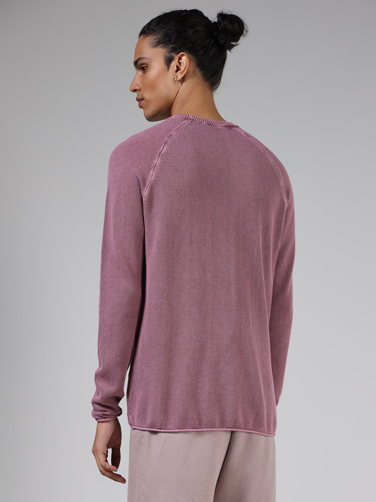 ETA Dark Pink Self-Textured Cotton Slim Fit T-Shirt