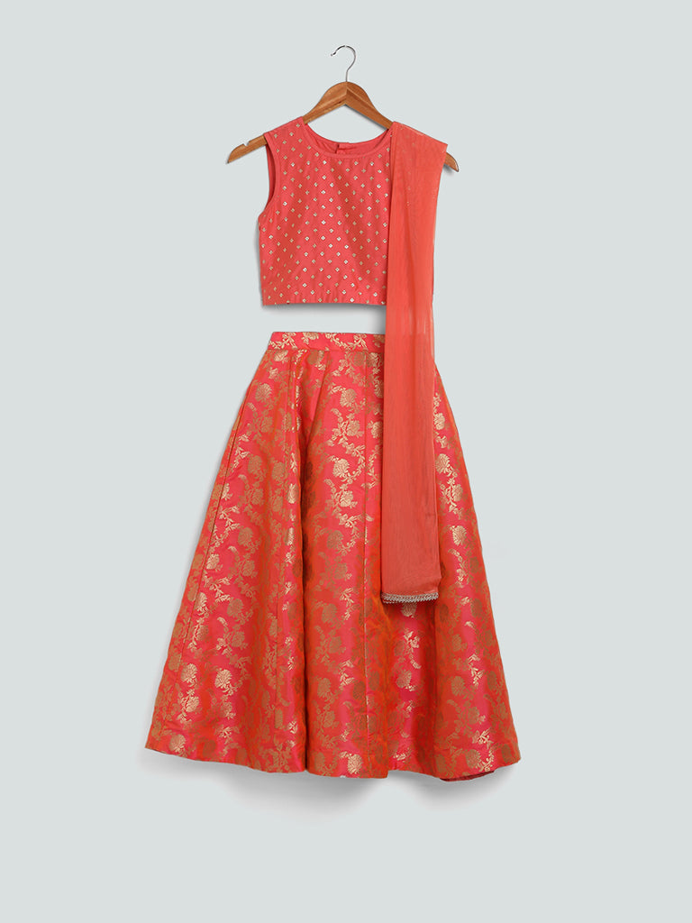 Utsa Kids Brocade Embroidered Coral Choli with Ghagra & Dupatta
