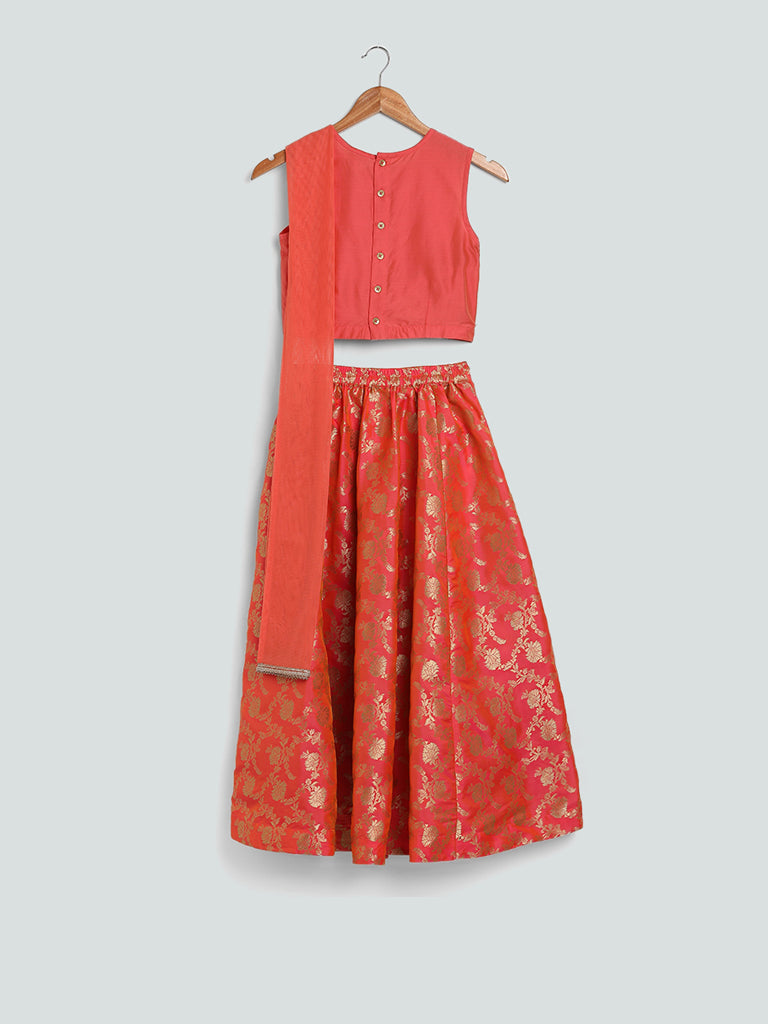 Utsa Kids Brocade Embroidered Coral Choli with Ghagra & Dupatta