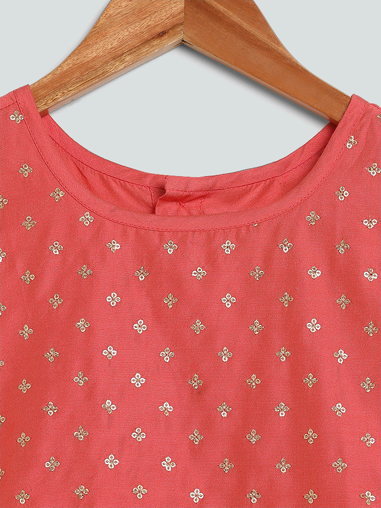 Utsa Kids Brocade Embroidered Coral Choli with Ghagra & Dupatta