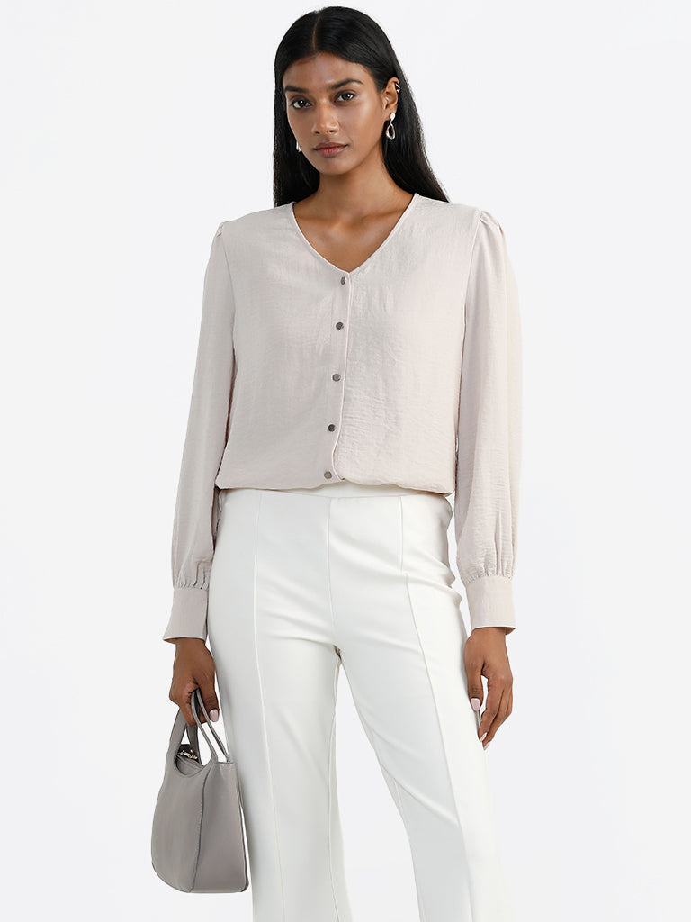 Wardrobe Plain Ivory V Neck Blouse
