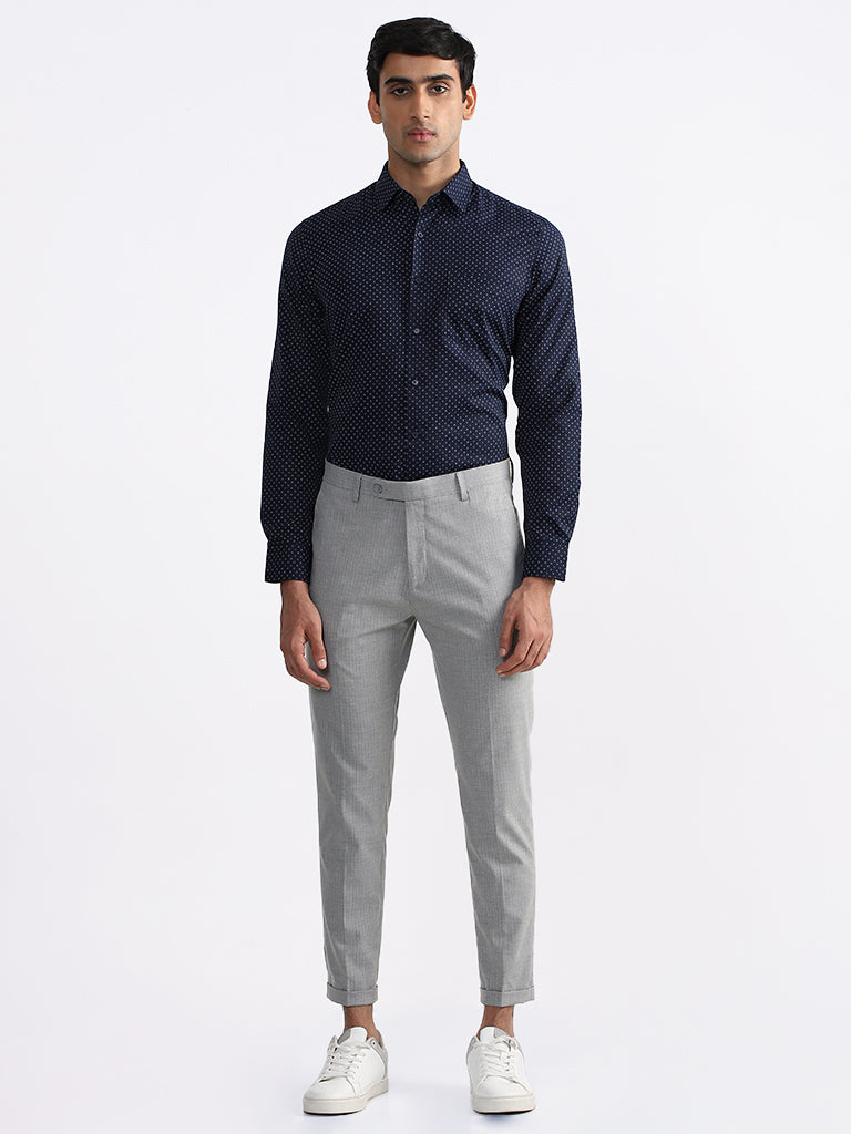 WES Formals Printed Slim Fit Navy Blue Shirt
