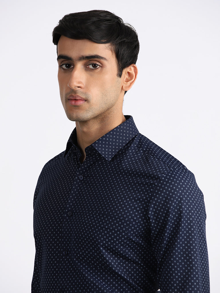 WES Formals Printed Slim Fit Navy Blue Shirt