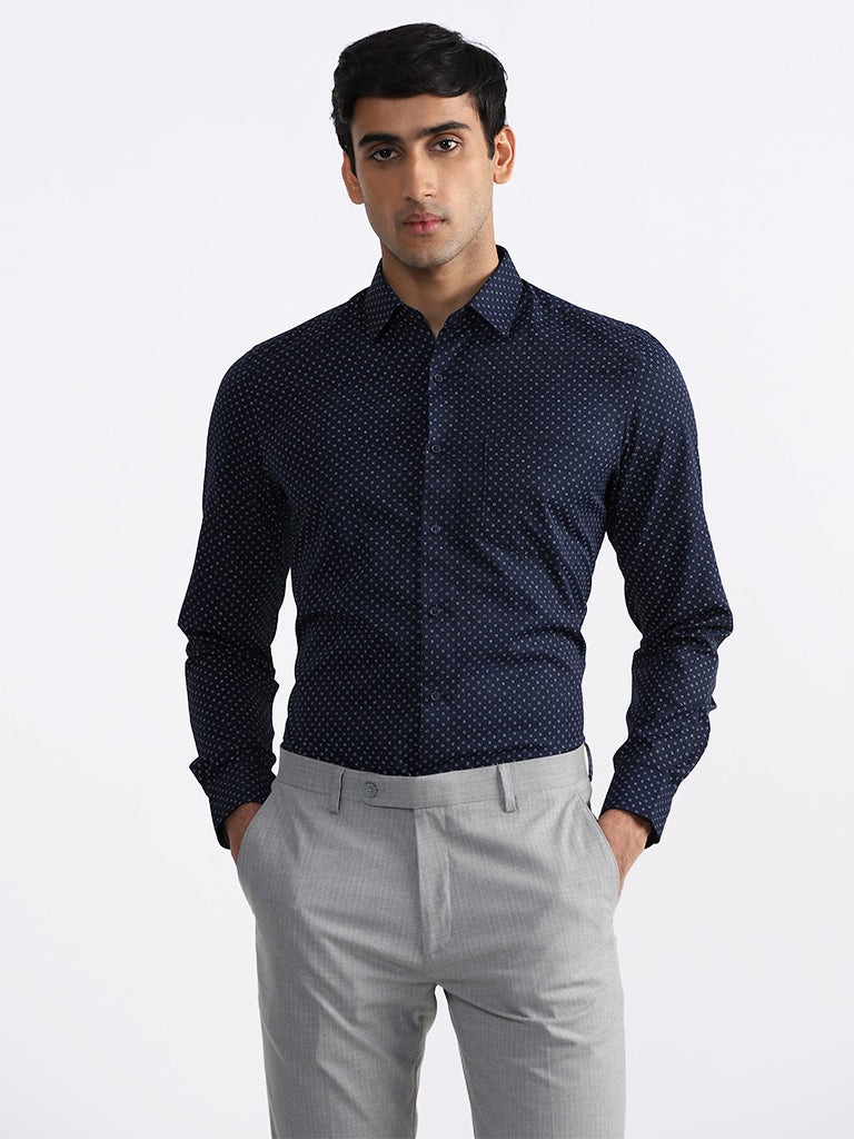 WES Formals Printed Slim Fit Navy Blue Shirt