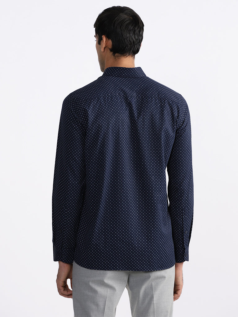 WES Formals Printed Slim Fit Navy Blue Shirt