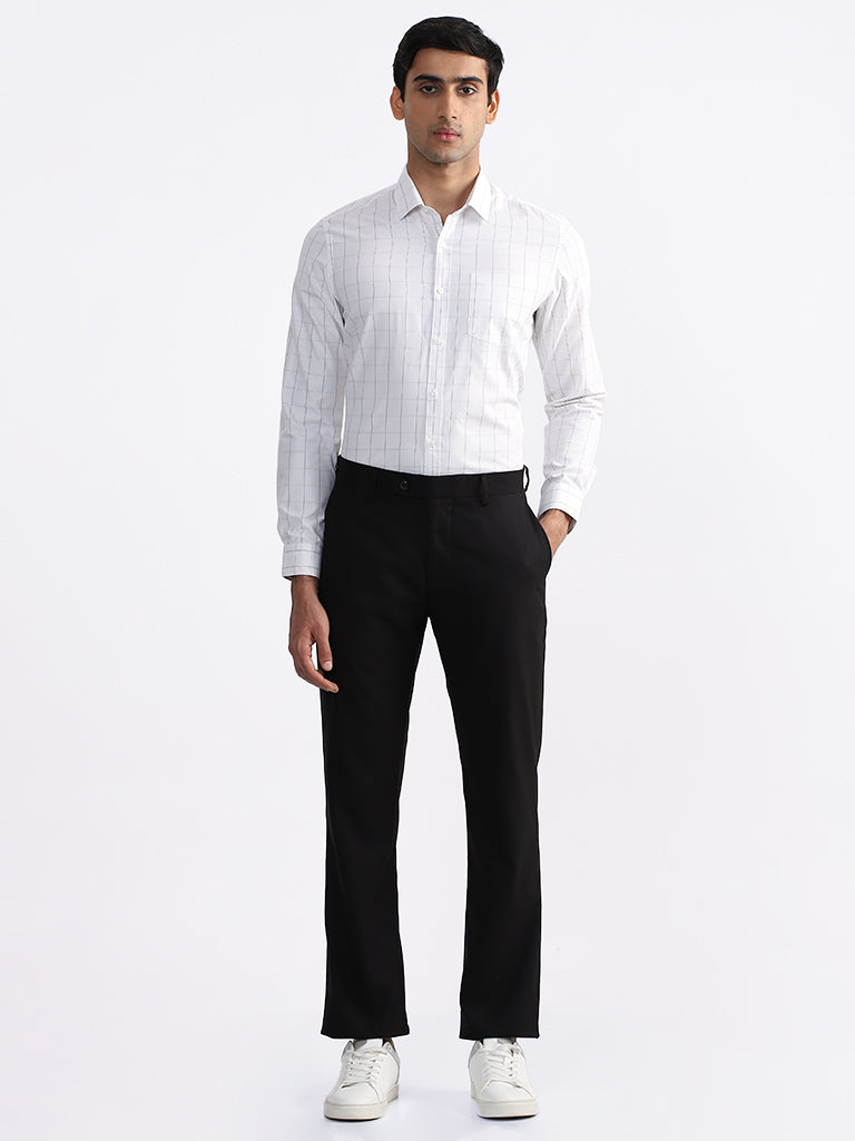 WES Formals Checked Slim Fit White & Grey Shirt