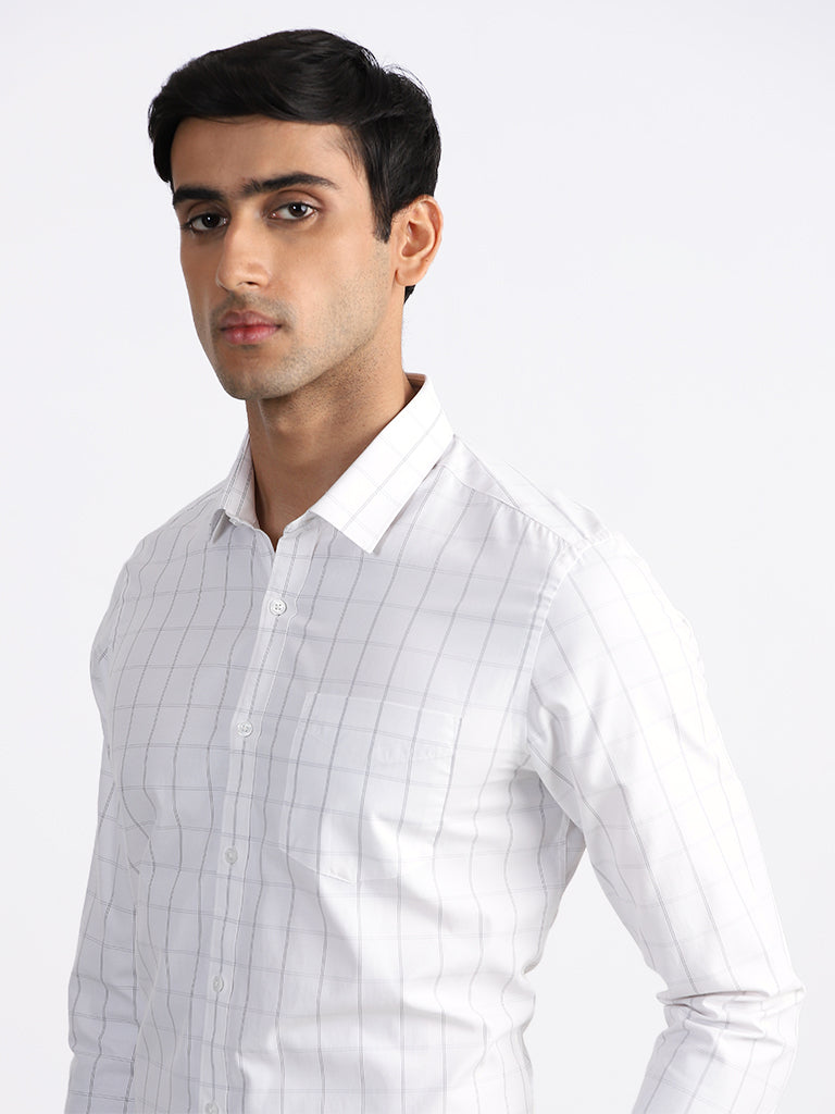 WES Formals Checked Slim Fit White & Grey Shirt