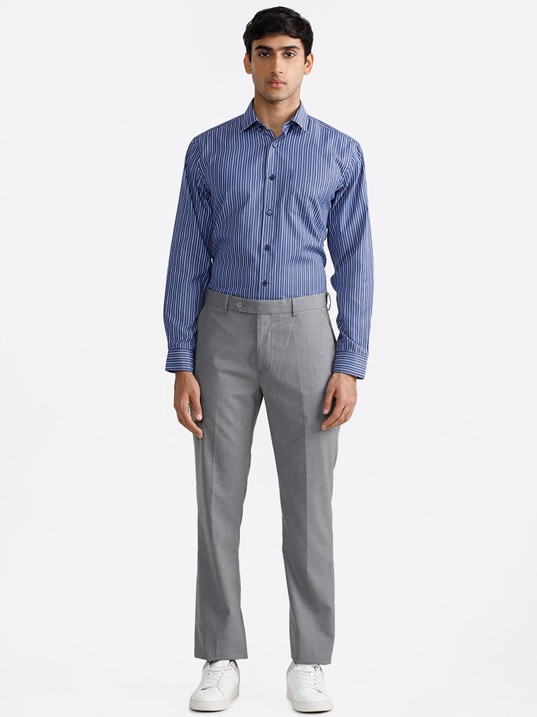 WES Formals Striped Navy Blue Relaxed Fit Shirt