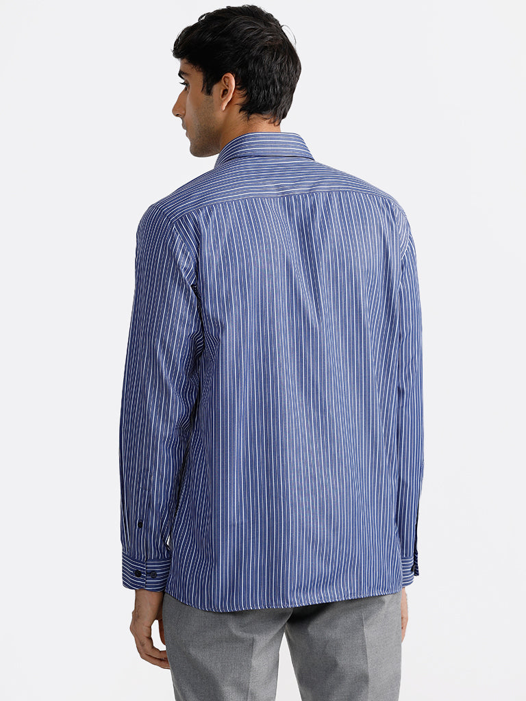 WES Formals Striped Navy Blue Relaxed Fit Shirt