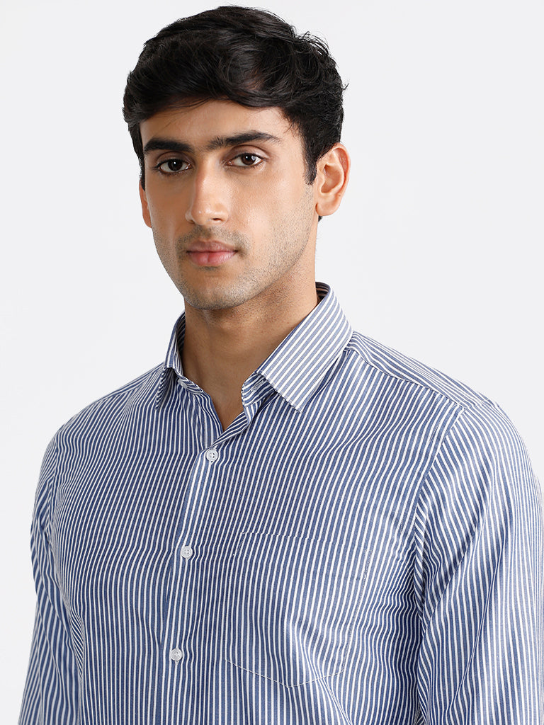 WES Formals Navy Striped Slim Fit Shirt