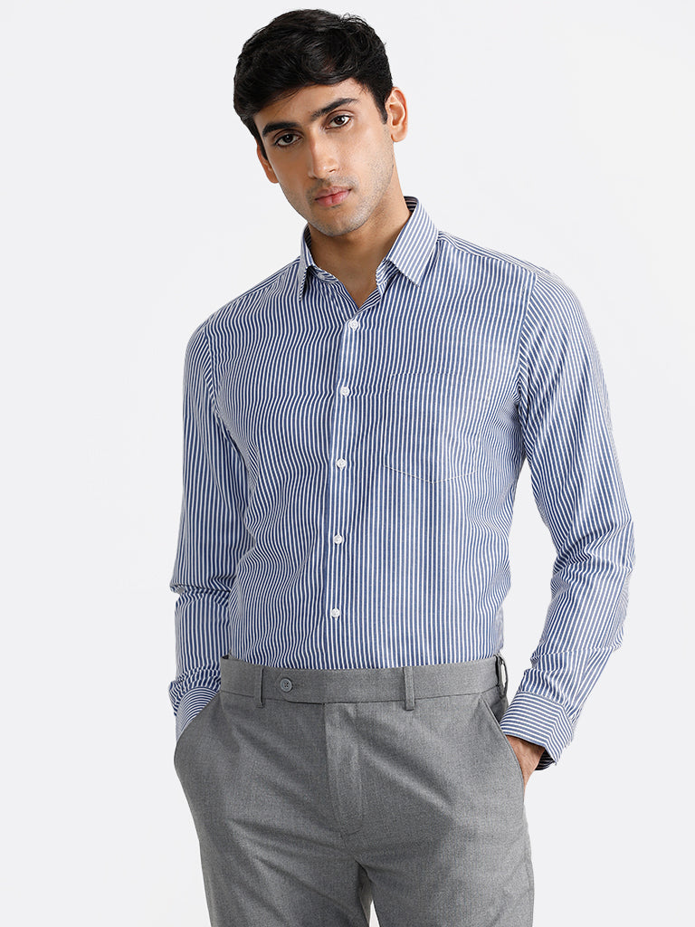 WES Formals Navy Striped Slim Fit Shirt