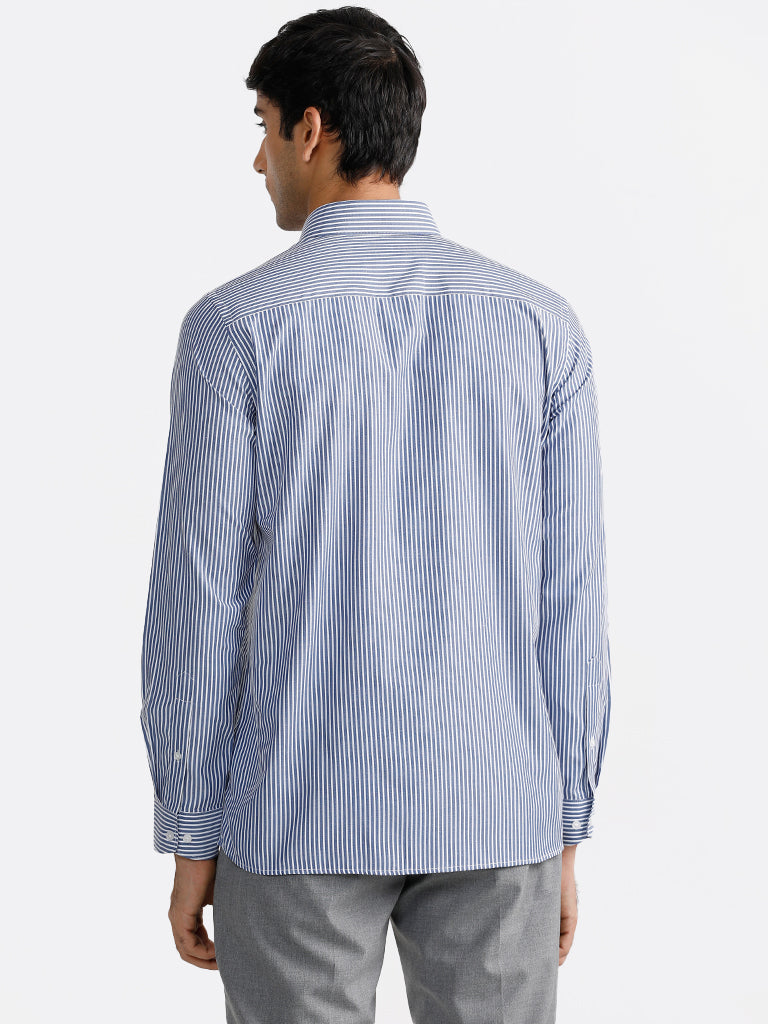 WES Formals Navy Striped Slim Fit Shirt