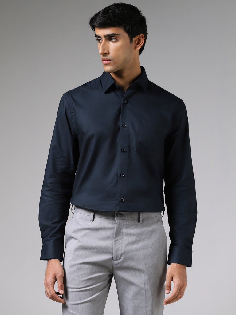 Westside WES Formals Men's Dobby Navy Cotton Relaxed-Fit Shirt for Work Wear Front View