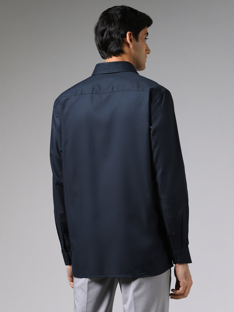 Westside WES Formals Men's Dobby Navy Cotton Relaxed-Fit Shirt for Work Wear Back View