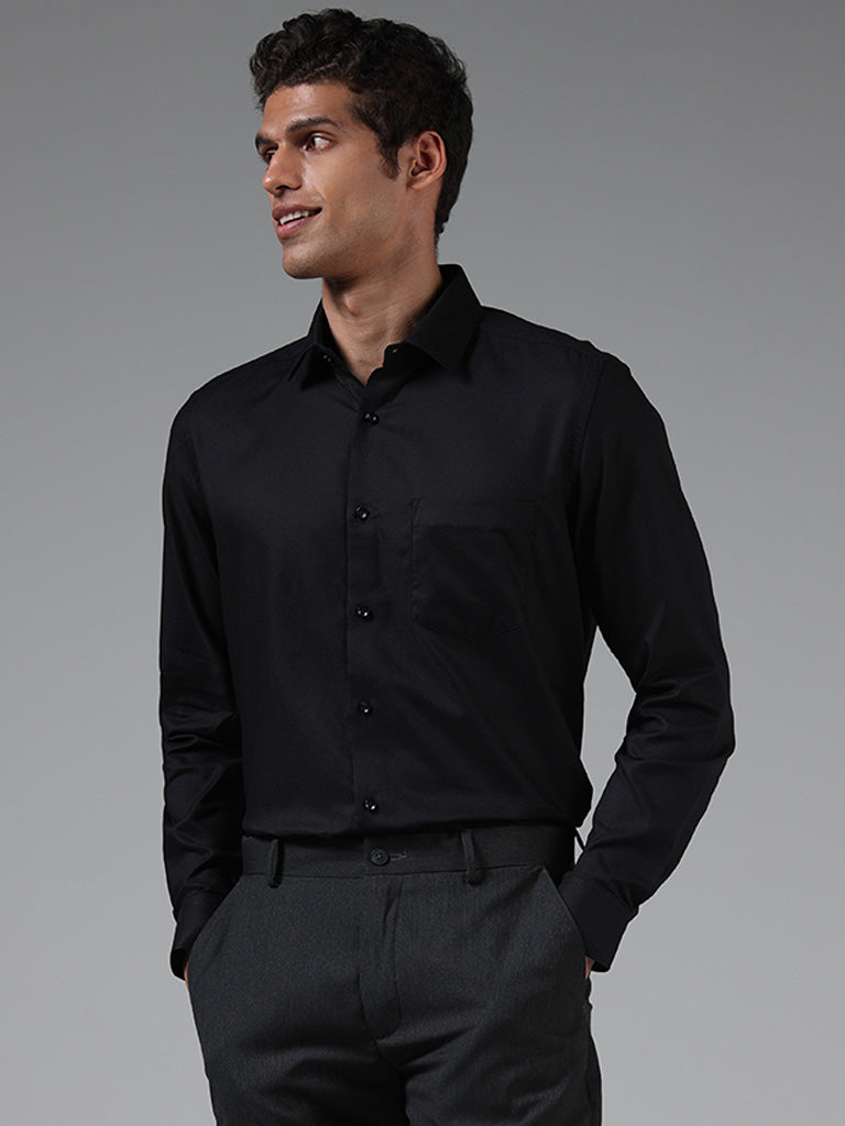 Westside WES Formals Men's Black Cotton Ultra-Slim Fit Shirt for Work Wear Front View