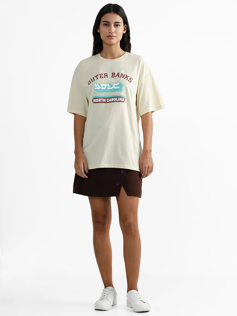 Nuon Beige Drop Shoulder Typographic Printed T-Shirt