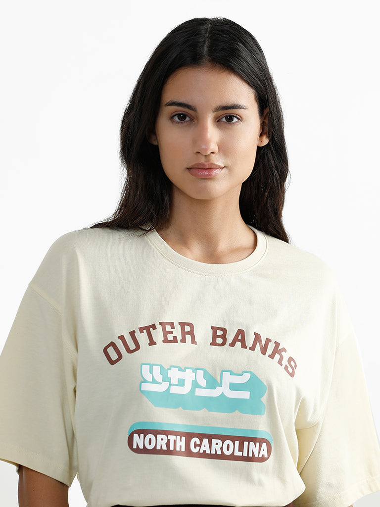 Nuon Beige Drop Shoulder Typographic Printed T-Shirt