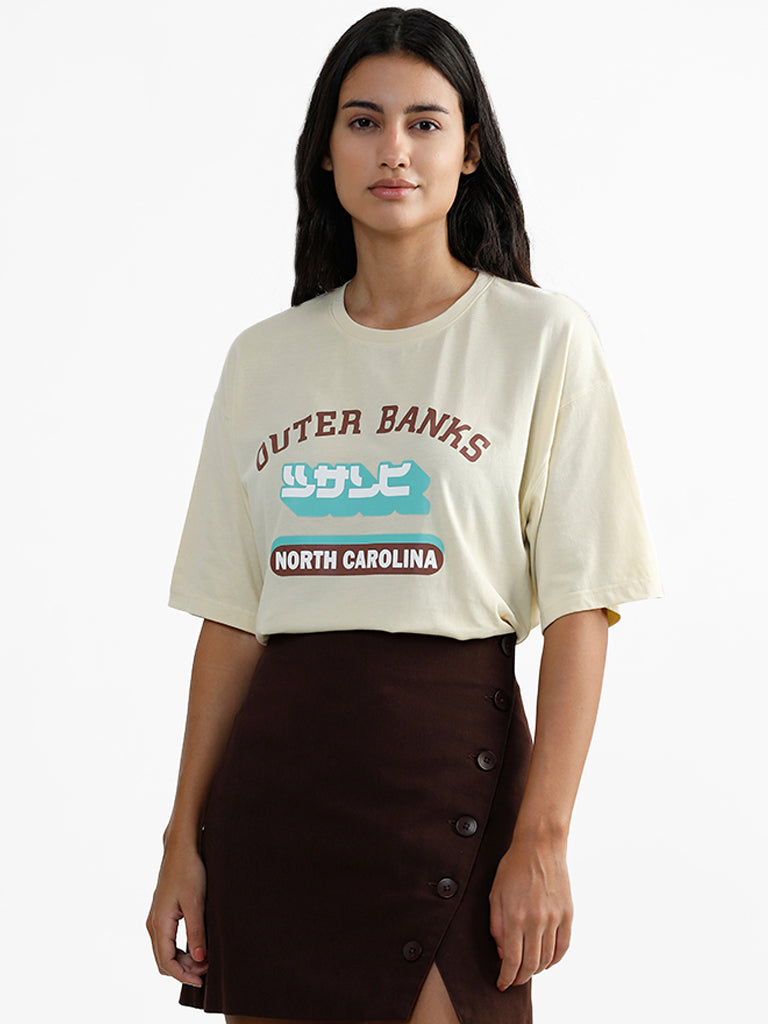 Nuon Beige Drop Shoulder Typographic Printed T-Shirt